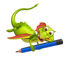 Poster - cute Dragon cartoon character with pencil