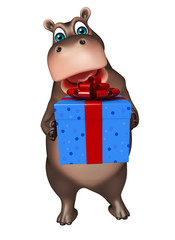 Poster - fun Hippo cartoon character with giftbox