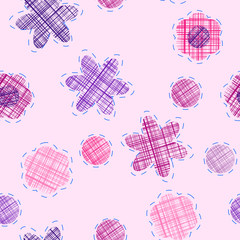 Cute textile seamless pattern. Flowers and circles on pink background in vintage style.