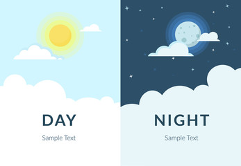 Half day and night, sun and moon with clouds. Flat illustration of sky and weather broadcasting, cloud and life, period and cycle for banners of mobile app backgrounds