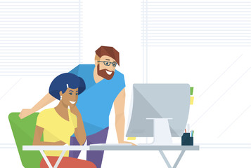 Wall Mural - creative people working in office with computer. flat illustration of project brainstorming and deve