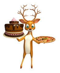 Poster - Deer cartoon character with cake  and pizza