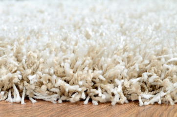 Close-up of white shaggy carpet on brown wooden floor