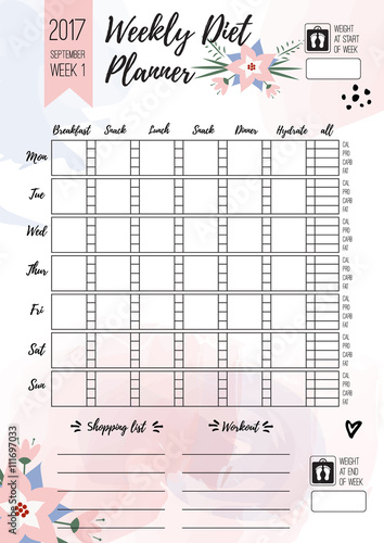 weekly diet planner vector printable page for female notebook