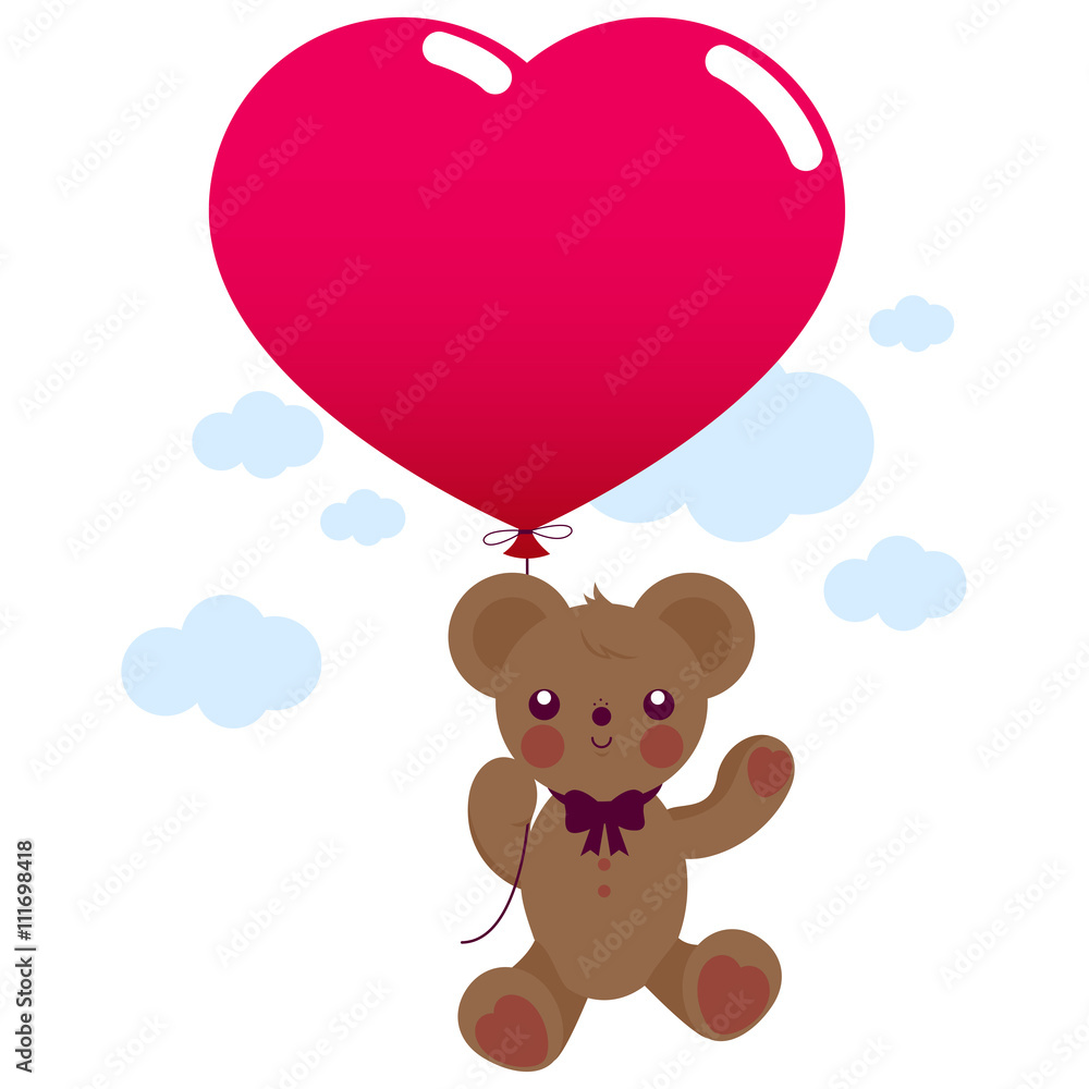 Teddy bear holding a red heart shaped balloon and flying in the sky ...
