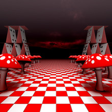 Amanita And Playing Cards On The Chessboard - 3D-Rendering