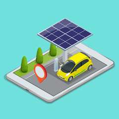 Wall Mural - Mobile GPS navigation, electric car charging concept. View a map on the mobile phone on car and search GPS coordinates. Flat 3d vector isometric illustration.