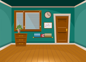 Cartoon flat vector interior office room in turquoise style. Vector illustration