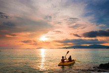 Couple Kayaking In Sunset, Holiday Vacation Summer Times, Dating, Romantic, Vintage Tone