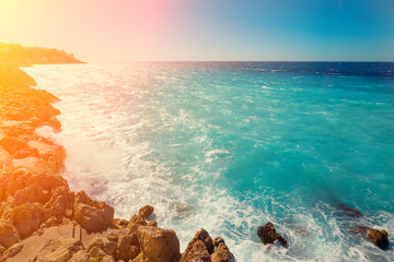 Rocky seashore. Cote d'Azur. French Riviera, Nice, France