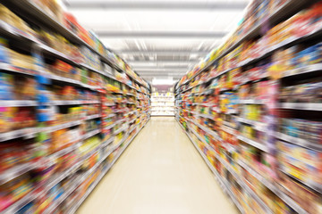 Wall Mural - Abstract blurred photo of store in department store, Empty supermarket aisle, Motion blur
