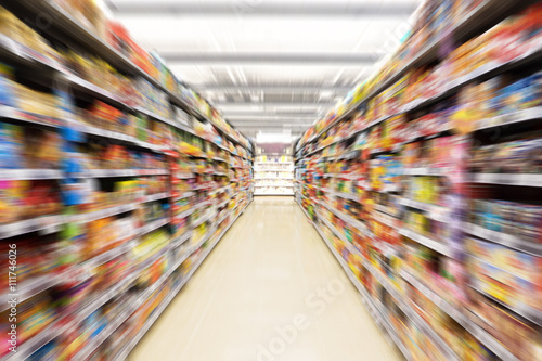 Fotografía Abstract blurred photo of store in department store, Empty supermarket aisle, Mo