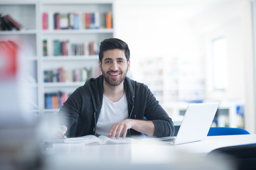 Poster - student in school library using laptop for research