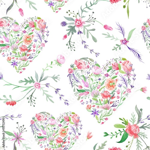Cotton fabric Provence Watercolor Pattern with Floral Hearts