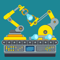 Wall Mural - Robotic production line. Manufacturing machine vector concept. Industrial process equipment or factory technology production vector illustration 