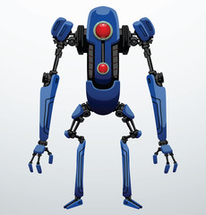 Vector image of funny thin blue robot with two arms and legs, with a red lens in the center of the body standing on a light gray background. Future, technology, modern. Vector humanoid robot.