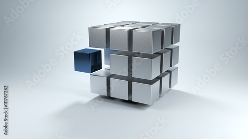 3D cube with sections in gray and one in blue Tableau sur Toile