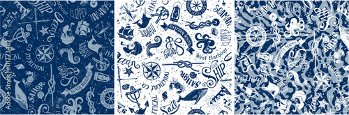 Cuadros en Lienzo vintage nautical and marine elements, vector seamless pattern