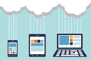 smartphone , tablet and laptop were connected to cloud server ( transfer data )( binary number system ( 1 - 0 ))( technology and modern device concept )( flat design )