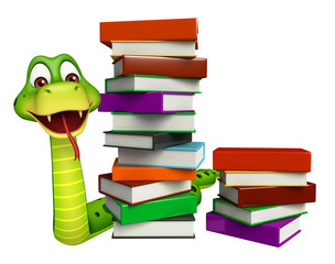 Sticker - cute Snake cartoon character with book stack