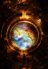 Poster - Ancient Mayan Calendar and  Music note, Cosmic space with stars, abstract color Background, computer collage. circular view on space.