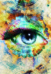 Leinwandbilder - Ancient Mayan Calendar and woman eye,  abstract color Background, computer collage.