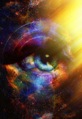Leinwandbilder - Woman Eye and cosmic space with stars and yellow light, and music speaker silhouette. abstract color background, eye contact, music concept
