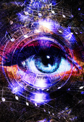 Wall Mural - ancient mayan calendar and woman eye with music note, abstract color background, computer collage.