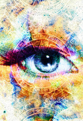 Wall Mural - ancient mayan calendar and woman eye, abstract color background, computer collage.