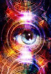 Wall Mural - ancient mayan calendar and woman eye, abstract color background, computer collage. eye in circle lig
