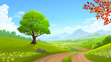 Wall Mural - a beautiful green tree along a road across lush grasslands