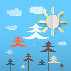 Wall Mural - Trees Cartoon. Vector Forest with Clouds on Blue Background. Paper Cut Sun on Nature Background.