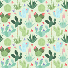 Seamless, Tileable Vector Background With Cactus And Succulents