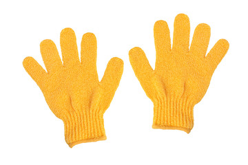 Yellow knitted woolen gloves isolated on white background