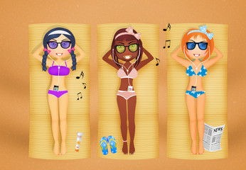 Poster - girls listening to music and sunbathing