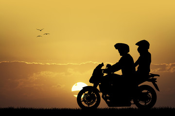 Canvas Print - couple on motorcycle at sunset