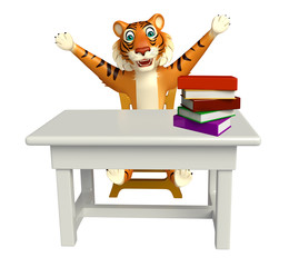 Canvas Print - Tiger cartoon character with table and chair ;book