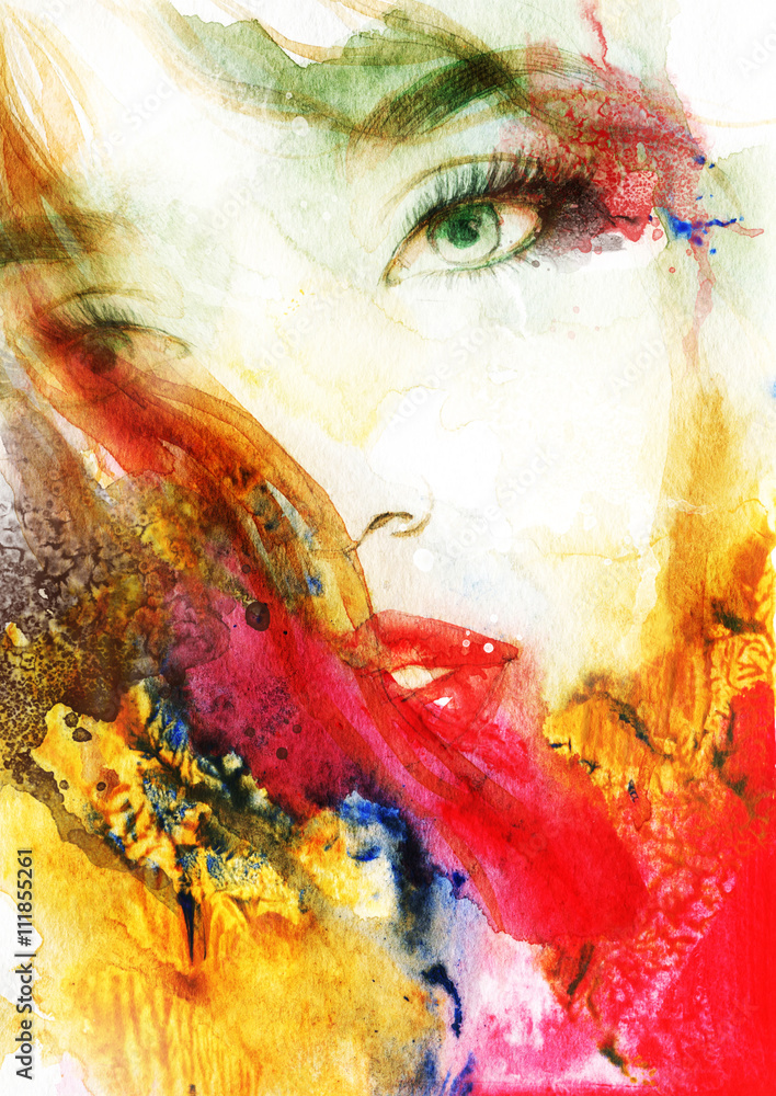 Beautiful woman face. Abstract fashion watercolor illustration - obrazy, fototapety, plakaty 