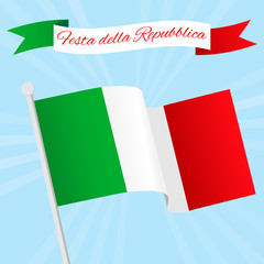 Vector Illustration for National Day of Italy celebrated on 2 June. Ribbon with text Italian Republic Day. Poster, flyer template with flag on a blue sky background