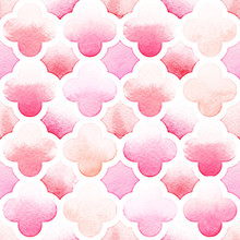 Morrocan Ornament Of Pink Colors With Quatrefoil On White Background. Watercolor Seamless Pattern