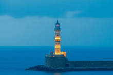 Old Lighthouse In Chania, At Night.
