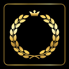 Poster - Gold laurel wreath, with crown. Golden leaf emblem. Vintage design, isolated on black background. Decoration for insignia, banner award. Symbol of triumph, sport victory, trophy. Vector illustration.