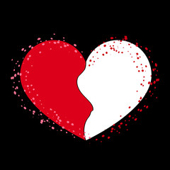 Halves heart icon. Two half puzzle. Broken shape sign, isolated on black background. Beautiful symbol of heartache, passion or Valentine day, romantic, love. Drawing brush, grunge. Vector illustration