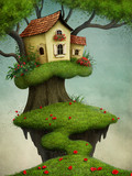 Fantasy illustration for greeting card or  poster with  house on  tree