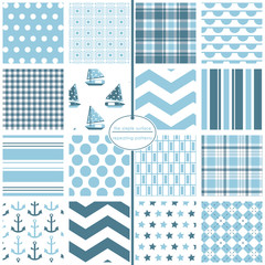 Wall Mural - Blue seamless pattern set. Repeating patterns for baby shower, backgrounds, fabric, gift wrap, and more. Sailboat, anchor, star, polka dot, stripe, plaid, gingham, argyle and chevron print.