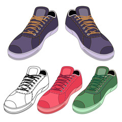 Wall Mural - Black outlined & colored sneakers shoes set