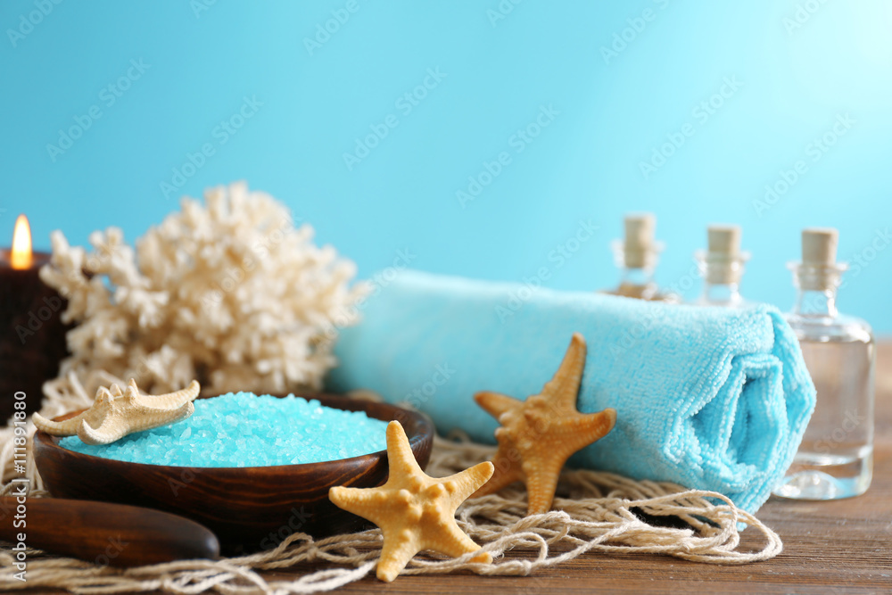 Beautiful spa composition on the table against blue background