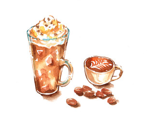 Wall Mural - mocha frappe whip cream and cappuccino latte art watercolor pain