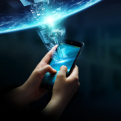 Poster - Businesswoman connected his mobile phone to the world