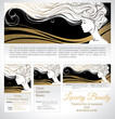 Vector illustration. Beautiful silhouette of long hair woman on black and golden background. Template of banner/flyer and business card for beauty salons, spa, cosmetics, fashion and beauty industry.